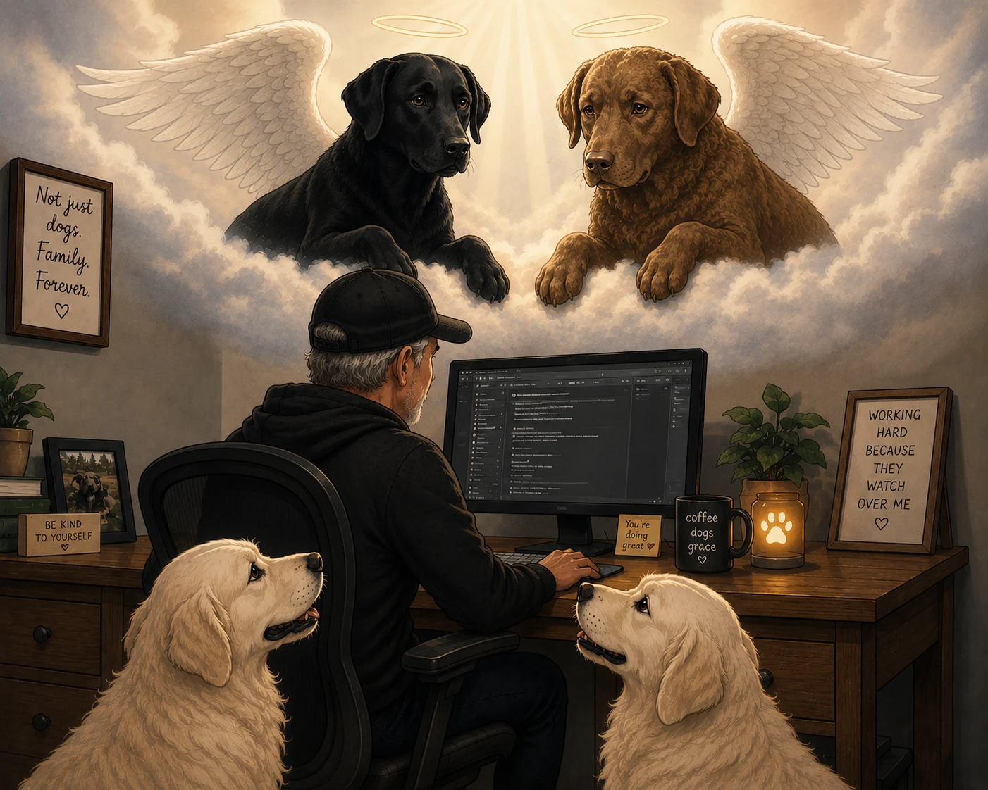 Illustration of two golden retrievers watching their owner work at a desk, with two other dogs pictured with wings and halos watching over from the clouds above